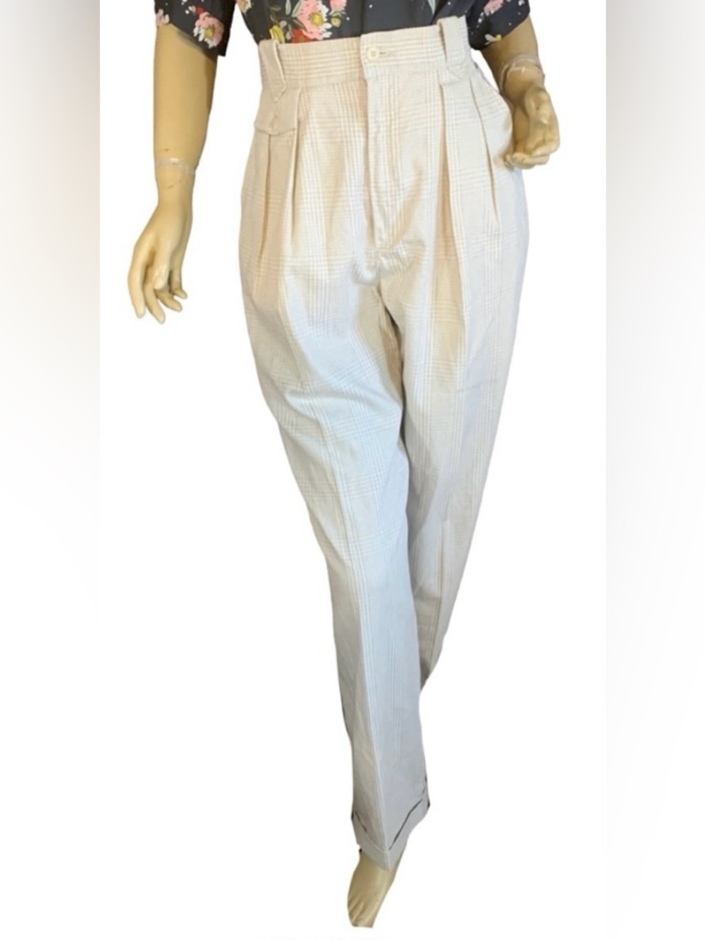 VINTAGE LIZ SPORT GRAY & OFF WHITE PLAID HIGH WAIST PLEATED TROUSERS (12)